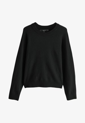 Crni pulover od mekanog materijala, s okruglim izrezom za vrat, dugim raglan rukavima i rebrastim manžetama i donjim rubom. Jednostavan dizajn bez uzoraka.