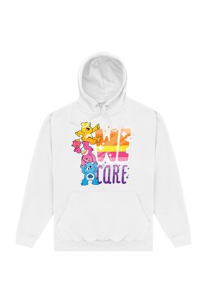 Hvid hoodie med farverige tegneserie-bjørne og teksten "VI BEKYMRE" i pink og lilla, med en lomme foran og hætte med snøre.