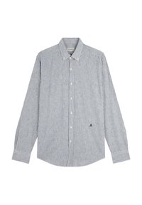 Gestreepte lange mouwen shirt in marineblauw en wit, met een button-down kraag, voor knopen en een klein logo aan de linkerkant.