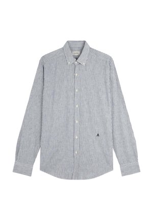 Gestreiftes Langarmhemd in Marineblau und Weiß, mit Button-down-Kragen, Knöpfen vorne und einem kleinen Logo auf der linken Seite.
