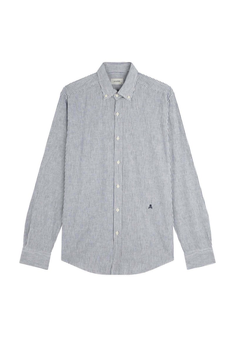 Gestreepte lange mouwen shirt in marineblauw en wit, met een button-down kraag, voor knopen en een klein logo aan de linkerkant.