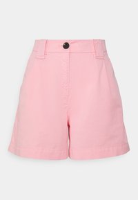 Lyserøde bomuldsshorts med høj talje, frontlommer, knaplukning og et rent kantdesign. Letvægts og glat tekstur.