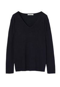 Dunkelblaues Strickpullover mit tiefem V-Ausschnitt, langen Ärmeln, gerippten Bündchen und Saum. Weiche Textur mit entspannter Silhouette.
