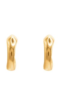Orecchini in metallo color oro con un design curvo e strutturato. Ogni pezzo presenta una superficie liscia e riflettente, che mette in evidenza la loro forma scultorea.
