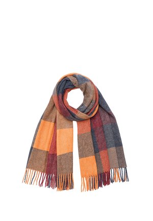 Multicolored wool scarf with orange, red, brown, and navy plaid pattern, arranged in a loose loop with fringed ends.