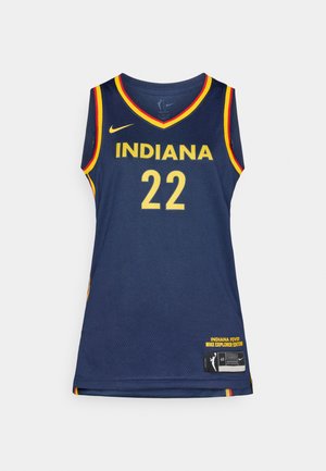 Mornarska košarkarska majica s rumenim napisom "INDIANA" in številko "22." Iz mrežastega blaga z rdečim in rumenim robom. Nike logotip na ramenu.