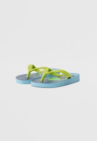 Blue and gray flip-flops with green rubber straps. Includes textured footbed and graphic detailing. Rubber sole with rounded edges.