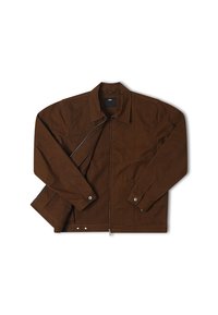 Καφέ ζακέτα με φερμουάρ φτιαγμένη από μαλακό υλικό, με γιακά, δύο πλαϊνές τσέπες και κουμπιά στις μανσέτες.