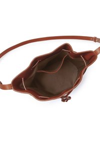 Borsa a tracolla in pelle marrone con un bordo superiore morbido e ondulato, tasche interne e tracolla regolabile. Foderata in tessuto beige.