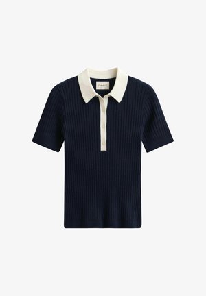 Marineblaues, geripptes Poloshirt mit kurzen Ärmeln, weißem Kragen und Knopfleiste, mit GANT-Label.