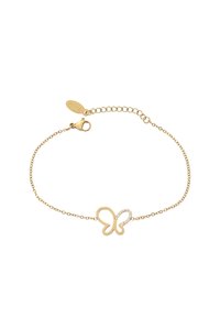 Gouden vlinderarmband heeft een open ontwerp met een gladde afwerking en sprankelende accenten. Verstelbare ketting met een kreeftsluitingen.