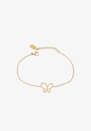 Gul sommerfuglearmbånd har et åbent design med en glat overflade og glitrende detaljer. Justerbar kæde med en lobster clasp lukning.