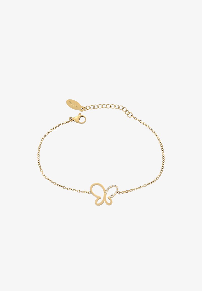 Gouden vlinderarmband heeft een open ontwerp met een gladde afwerking en sprankelende accenten. Verstelbare ketting met een kreeftsluitingen.