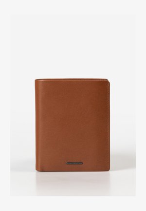 Brown leather wallet with a smooth texture, folded design, and a subtle logo accent at the bottom. Features rounded corners.