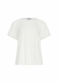 T-shirt bianco a maniche corte con scollatura rotonda e rifinitura in pizzo decorativo lungo le maniche. Realizzato in tessuto leggero e testurizzato.