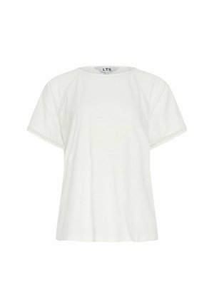 Witte T-shirt met korte mouwen en een ronde halslijn, voorzien van decoratieve kantafwerking langs de mouwen. Gemaakt van lichtgewicht, gestructureerde stof.