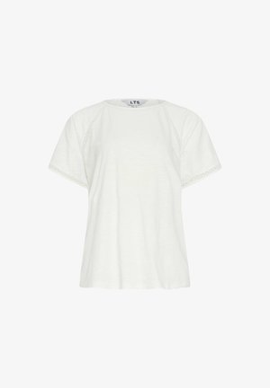 Witte T-shirt met korte mouwen en een ronde halslijn, voorzien van decoratieve kantafwerking langs de mouwen. Gemaakt van lichtgewicht, gestructureerde stof.