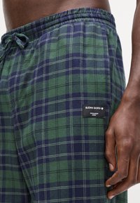 Zeleno-námornícke kockované šortky s elastickým pásom a šnúrkou. Na boku je čierna značka. Mäkká textúra látky.