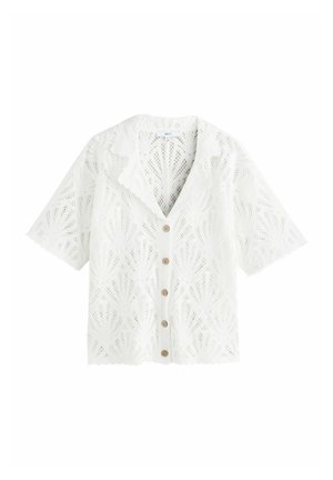 White short-sleeve lace blouse with scalloped edges, a collar, and five wooden buttons down the front.