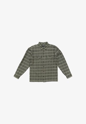 Green plaid shirt made of cotton, featuring a button-down collar, two chest pockets, and long sleeves with buttoned cuffs.