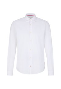 Camicia bianca a maniche lunghe in cotone, con colletto button-down e bottoni gialli. Logo discreto sul petto e accento rosso all'interno del colletto.