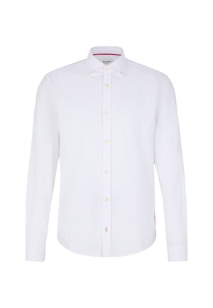 Camicia bianca a maniche lunghe in cotone, con colletto button-down e bottoni gialli. Logo discreto sul petto e accento rosso all'interno del colletto.