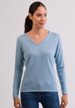 Hellblaues langärmliges V-Ausschnitt-Pullover aus weichem Material. Mit gerippten Bündchen und Saum, einer glatten Textur und einem minimalistischen Design.