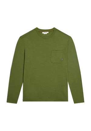 Long-sleeve shirt in olive green, made of soft fabric, featuring a chest pocket and round neckline. Smooth texture with a slight sheen.