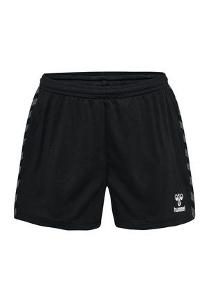 Shorts de sport noirs avec ceinture élastique, bandes chevron réfléchissantes sur les côtés et logo blanc hummel sur la jambe droite avant.