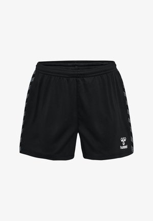 Czarne szorty sportowe z elastyczną talią, odblaskowymi pasami w kształcie jodełki po bokach oraz białym logo hummel na przedniej prawej nogawce.