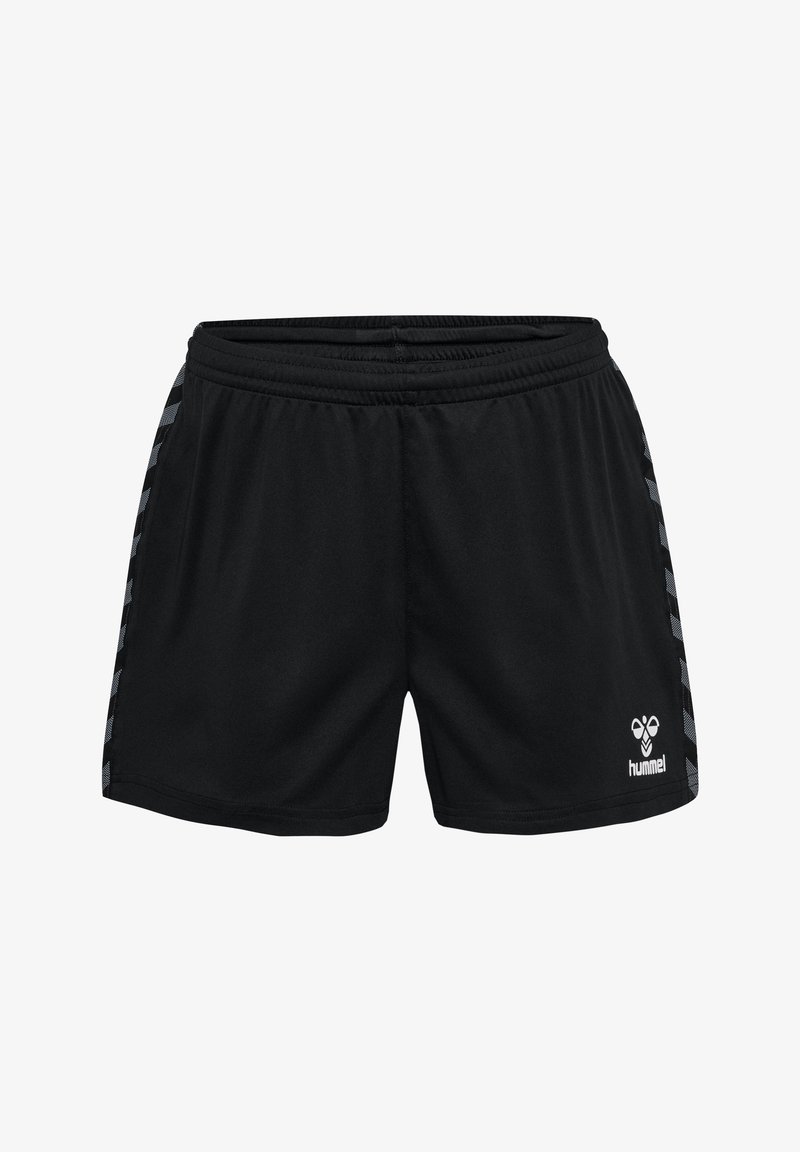 Shorts de sport noirs avec ceinture élastique, bandes chevron réfléchissantes sur les côtés et logo blanc hummel sur la jambe droite avant.