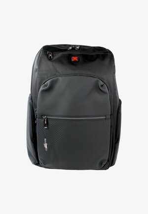 Black backpack with textured fabric, multiple zippered compartments, side pockets, and a small decorative charm. Durable, functional design.