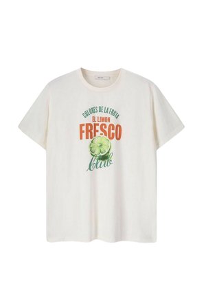 T-shirt en coton crème avec un imprimé graphique affichant un texte vert et orange ainsi qu'une illustration de citron vert. Encolure ras du cou, manches courtes, coupe décontractée.
