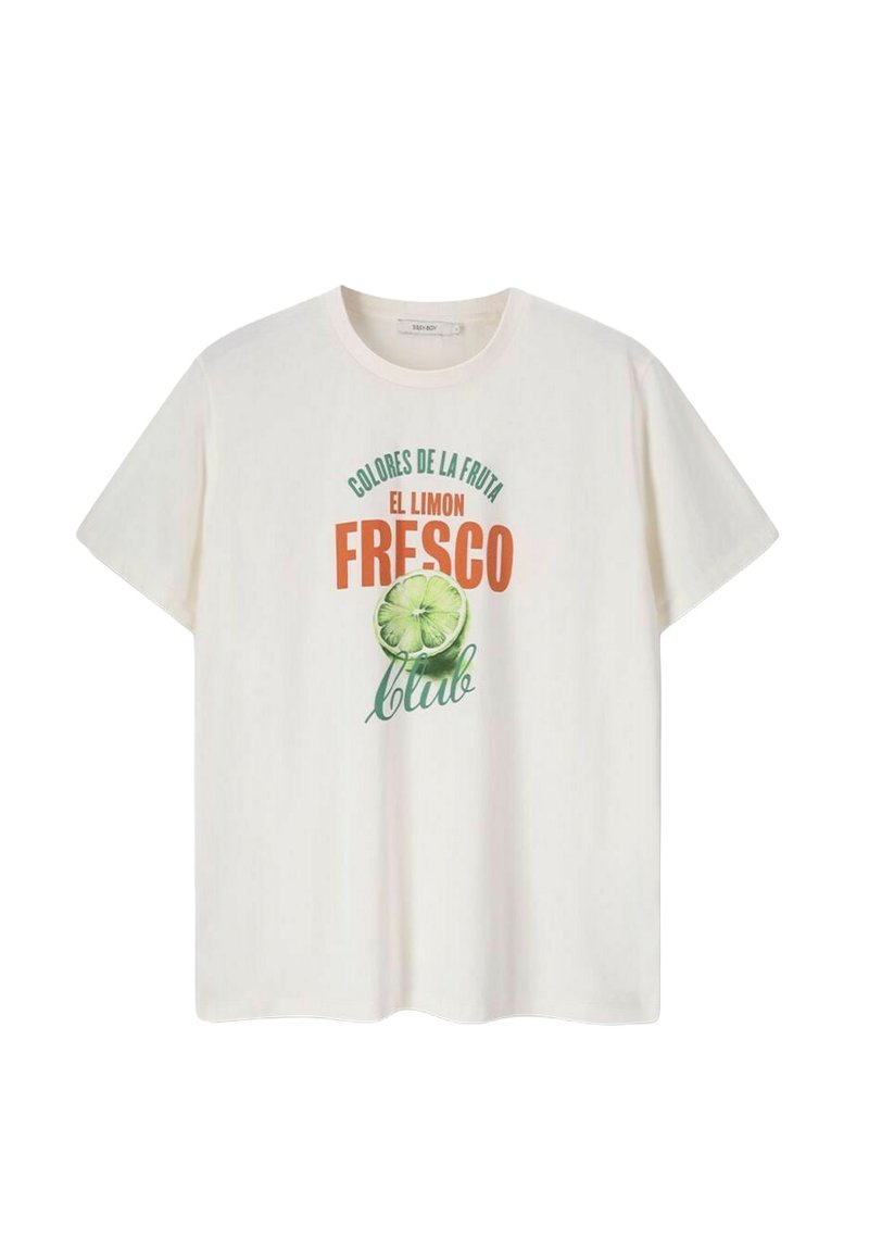 Crème katoenen T-shirt met een grafische print in groene en oranje tekst en een limoenillustratie. Ronde hals, korte mouwen, relaxte pasvorm.