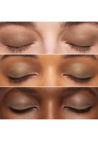 Tre nærbilder av lukkede øyne med ulike nyanser av matt grønn øyenskygge. Teksturene virker glatte, med subtile forskjeller i hudtoner.