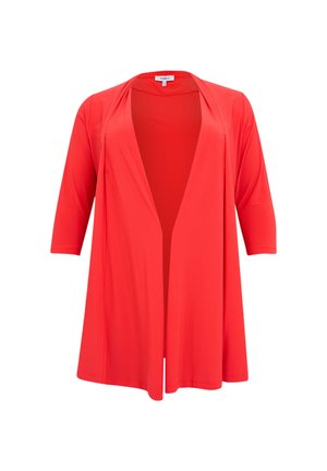 Klar rød cardigan med åben front, trekvartærmer og en løs, flydende pasform.