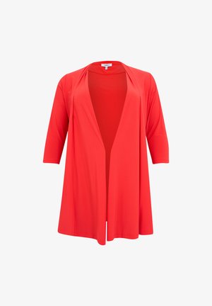Klar rød cardigan med åben front, trekvartærmer og en løs, flydende pasform.