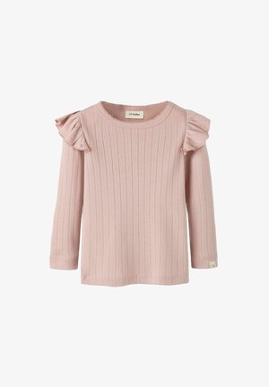 Camicia a maniche lunghe rosa chiaro con texture a coste, dettagli arricciati sulle spalle e scollatura rotonda. Etichetta sul lato inferiore per un tocco di dettaglio.