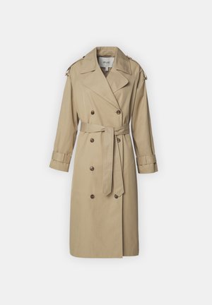 Beige trenchcoat met een dubbelgebreide voorkant, riem en schouderepauletten. Gemaakt van een gladde stof met knoopaccenten en details op de mouwen.