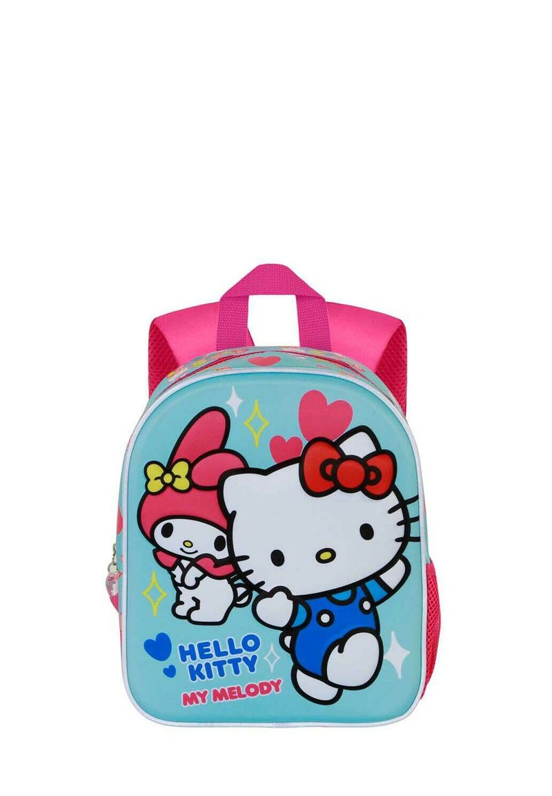Mochila infantil azul con Hello Kitty y My Melody. Acentos rosas, corazones y estrellas detallados en una superficie lisa. Correas acolchadas.