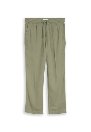 Pantalon décontracté vert olive clair avec ceinture élastique, cordon ajustable, poches latérales et jambes droites sur fond blanc.