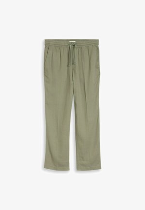 Pantalon décontracté vert olive clair avec ceinture élastique, cordon ajustable, poches latérales et jambes droites sur fond blanc.