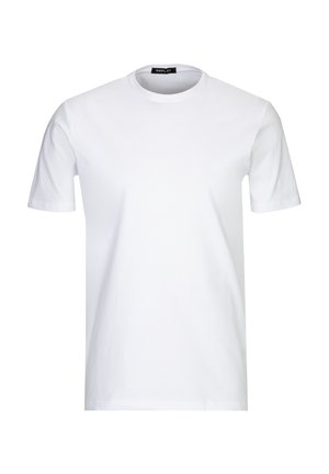 T-shirt blanc uni, manches courtes, col rond, avec une petite étiquette noire à l'intérieur de l'encolure indiquant "REPLAY" sur fond blanc.