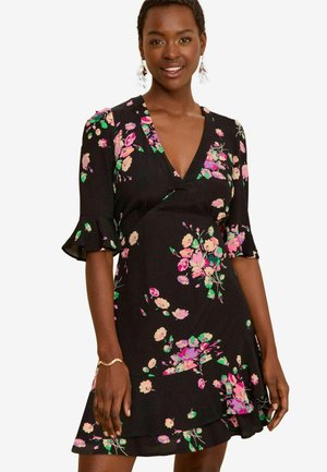 Love & Roses PRINTED TWIST FLUTE SLEEVE MINI - REGULAR FIT - Vapaa-ajan mekko - black floral