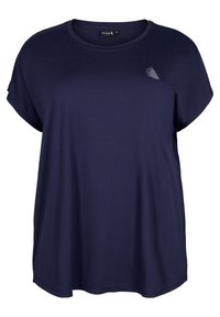 Granatowa koszulka z krótkim rękawem wykonana z miękkiego, lekkiego materiału. Posiada subtelny nadruk na piersi. Okrągły dekolt.