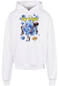 Sweat à capuche blanc avec une poche avant, arborant une impression colorée de bulles bleues et une figure abstraite. Le texte indique "vole haut" et "Psyche Delics".