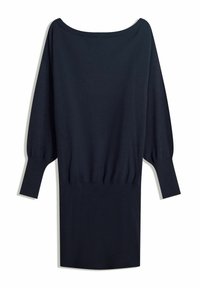 Marinblå stickad klänning med off-the-shoulder ringning, långa puffärmar och ribbad textur vid midjan och ärmsluten.