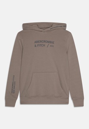 Lysebrun Abercrombie & Fitch-hoodie med frontlomme, hætte og navyblåt tekst på brystet, ærmet og hætten.