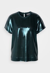 Mörk teal kortärmad topp i glänsande, reflekterande tyg. Har en rundad halsringning och en nyckelhålsdetalj på baksidan. Slät textur med minimala sömmar.