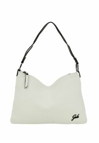 Borsa a tracolla bianca in pelle con top a forma di V, tracolla nera e dettaglio del logo in basso a destra. Texture liscia, design minimalista.